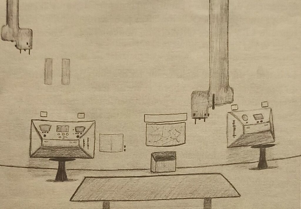Laboratoire médical du vaisseau. Vue 2. Dessin de Rene Erik Olsen depuis son livre "Autres civilisations".