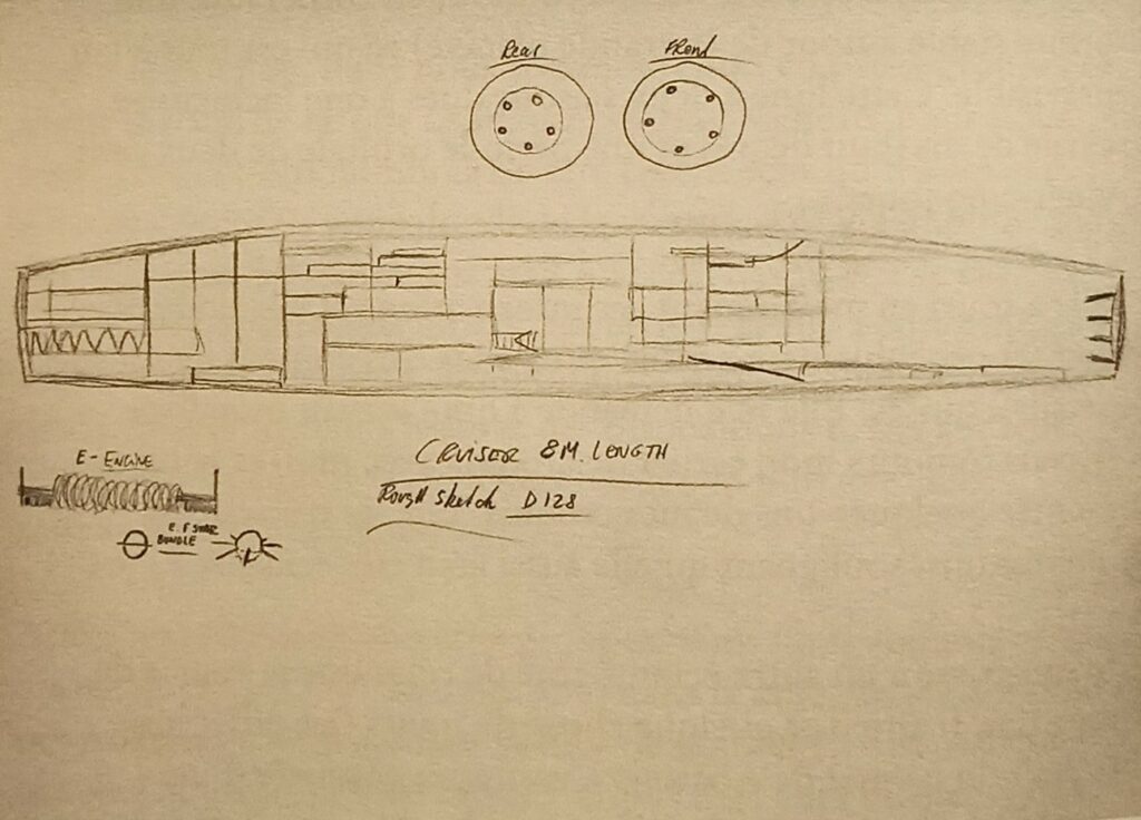 Schéma du vaisseau croiseur de 8 miles de long (presque 13 km) avec les dessins des moteurs à antigrav sous forme de grande roue (un à l'arrière et un à l'avant). Dessin de Rene Erik Olsen depuis son livre "Autres civilisations".