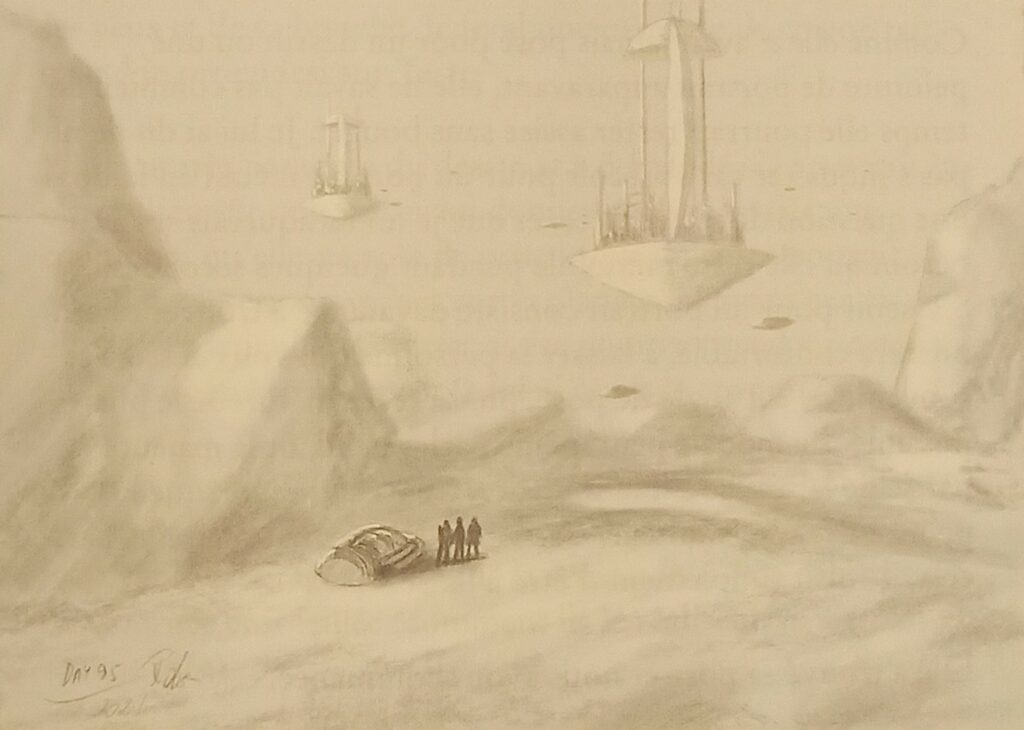 Vue des cités flottantes. Dessin de Rene Erik Olsen depuis son livre "Autres civilisations".