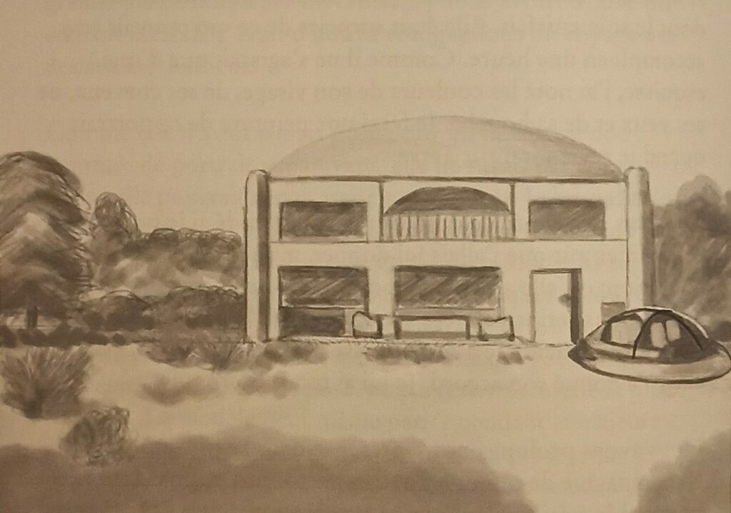 La maison dans laquelle habitera Rene Erik Olsen durant son séjour sur la planète des visiteurs. On voit une voiture volante stationnée devant. Dessin de Rene Erik Olsen depuis son livre "Autres civilisations".