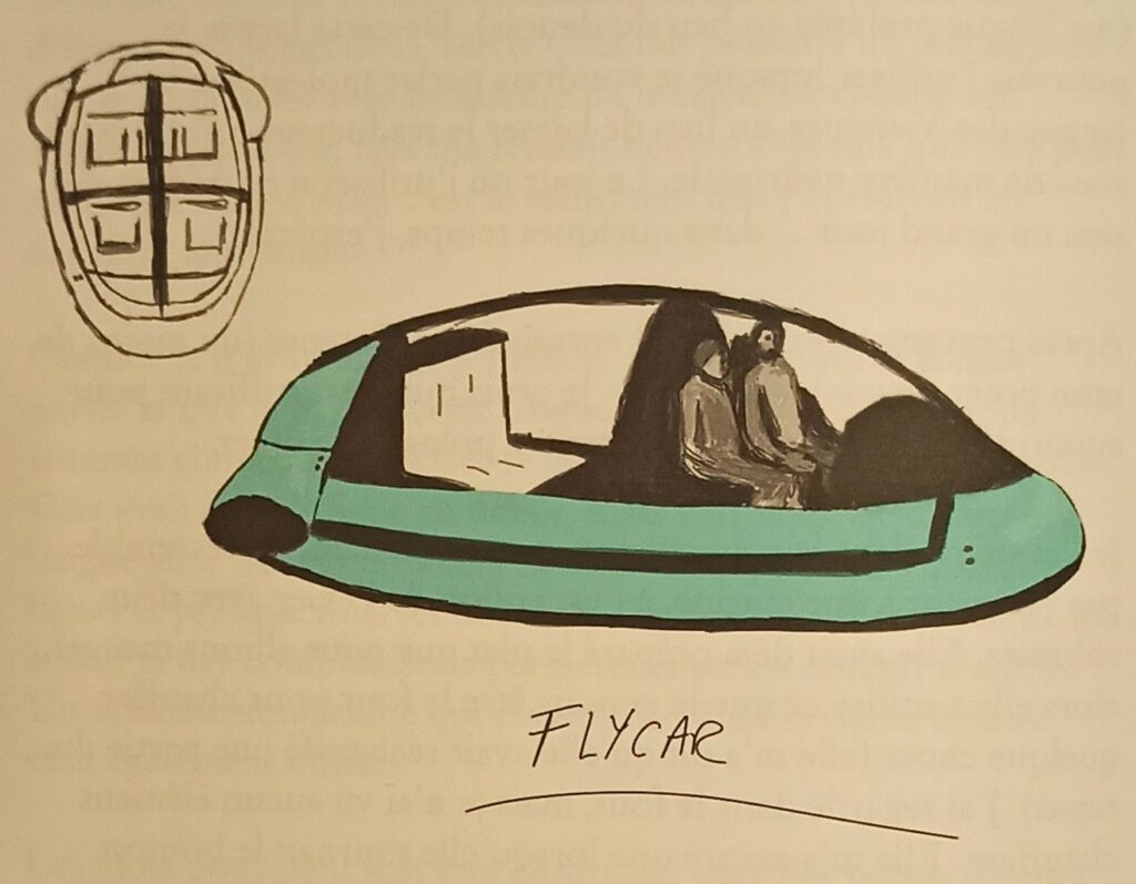 La voiture volante utilisée par Rene Erik Olsen sur la planète des visiteurs, qu'il a apprise à conduire. Dessin colorié du livre "Autres civilisations".