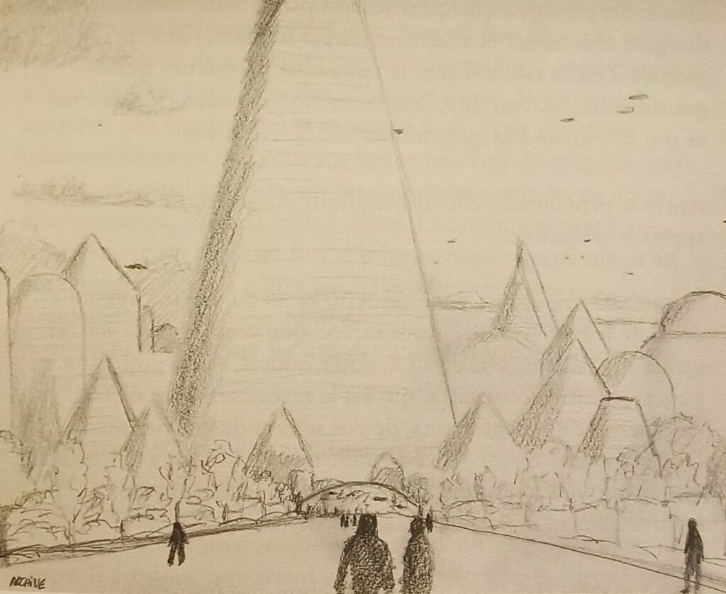 Vue extérieure de la "cité des savoirs". Dessin de Rene Erik Olsen depuis son livre "Autres civilisations".