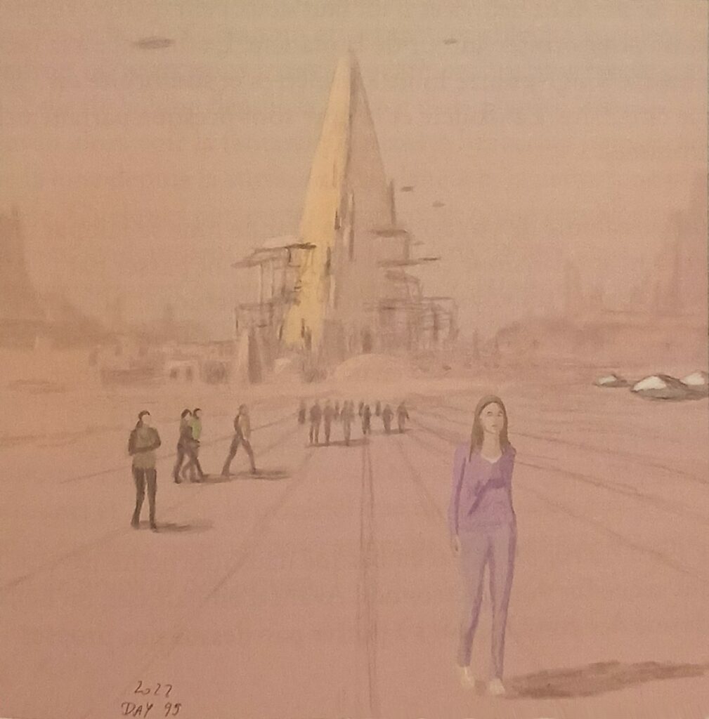 Bâtiments dont immense pyramide et vaisseaux volants participant à des constructions. Dessin de Rene Erik Olsen depuis son livre "Autres civilisations".