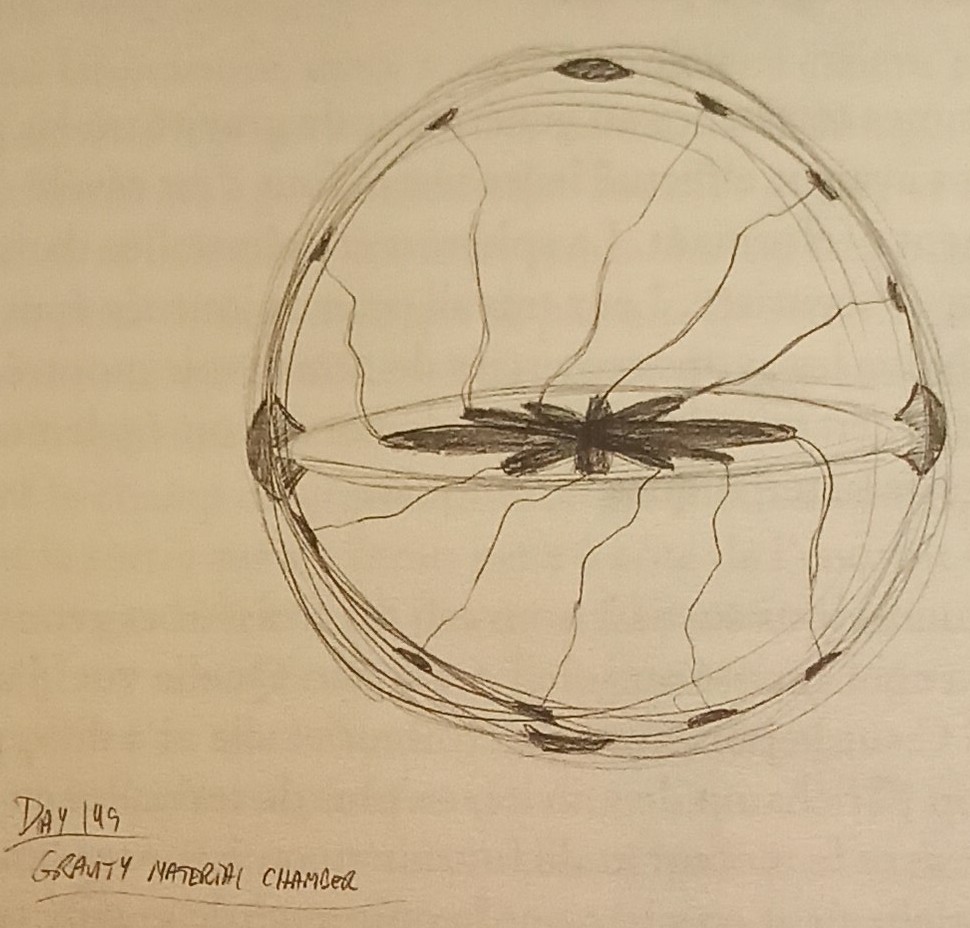 Matériau générateur d'ondes gravitationnelles dans la chambre en forme de sphère. Dessin de Rene Erik Olsen depuis son livre "Autres civilisations".