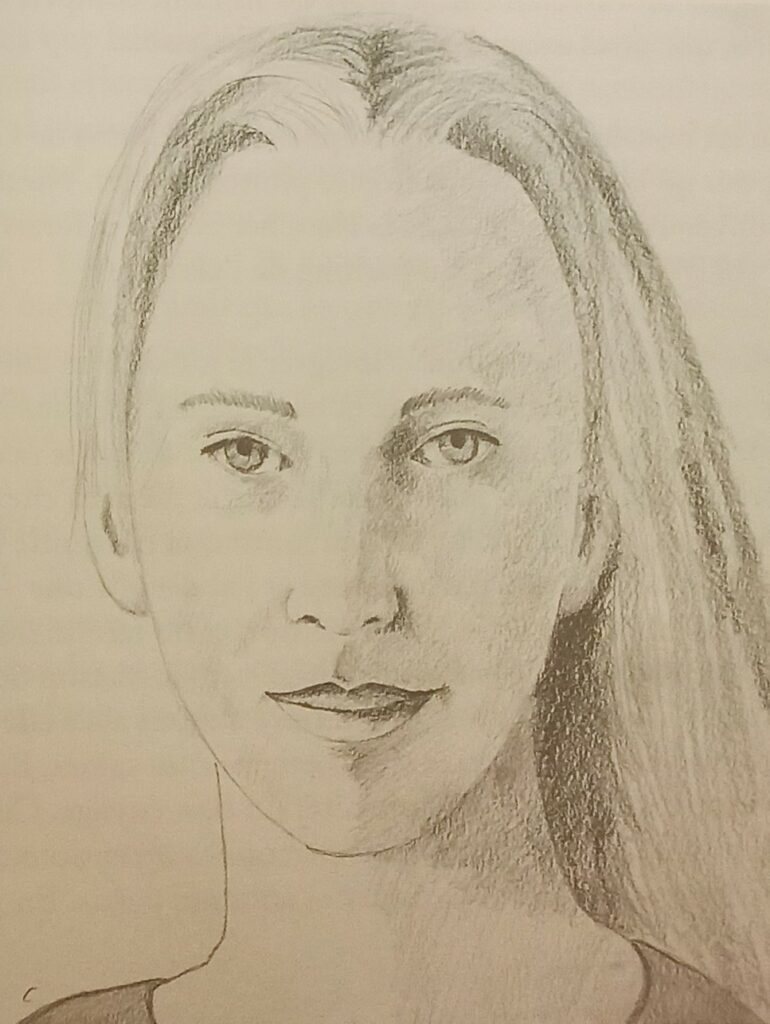 Le portrait de C. dessiné par Rene Erik Olsen à ce moment-là, non encore colorié (il a noté les couleurs pour les appliquer une fois de retour sur Terre). Dessin de Rene Erik Olsen depuis son livre "Autres civilisations".