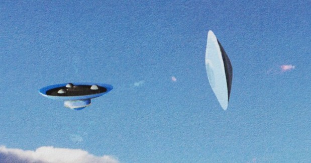 Zoom sur la peinture faite par Rene Erik Olsen représentant le 2ème film. On voit bien les 3 boules sur le dessous du vaisseau en forme de cloche de type Adamskien.