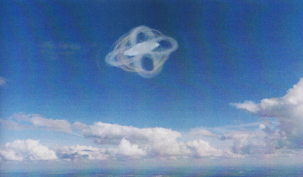 Peinture de "Alien Visitors - Volume I" de Rene Erik Olsen. Montre une navette semi-translucide changeant de couleur pour du bleu et son champs de force autour.