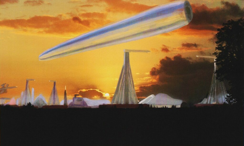 Peinture de "The Alien Visitors - Volume I" de Rene Erik Olsen. Un grand croiseur décolle en fin de soirée - les tours visibles sont les dispositifs de verrouillage magnétique utilisés pour maintenir le croiseur en place.