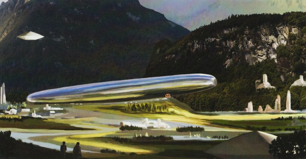 Peinture de "The Alien Visitors - Volume I" de Rene Erik Olsen. Ici, un croiseur - une « ville volante » - a fait escale sur une planète déjà visitée afin de se ravitailler et d’effectuer des opérations de maintenance. Cette visite comprend également de nombreuses excursions autour de la planète pour les personnes à bord.