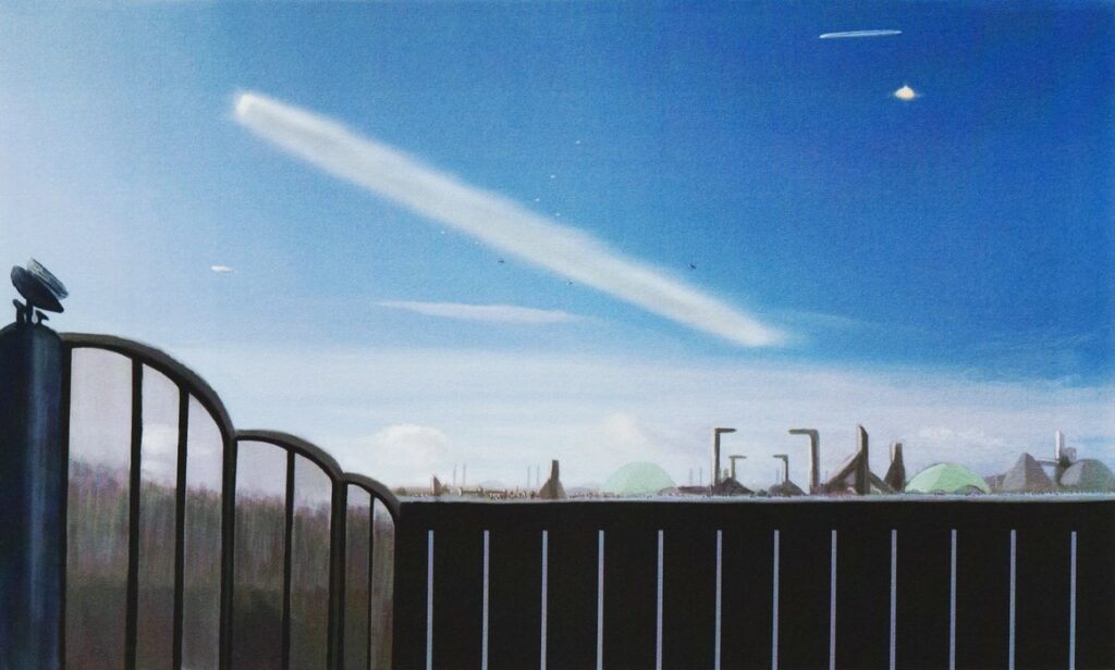 Peinture de "The Alien Visitors - Volume I" de Rene Erik Olsen. Gigantesque « ville » volante - longue de 25 miles - se préparant à atterrir. Des traînées de nuages enveloppent encore le croiseur - adhérant à la coque en raison de l’électricité statique. Des milliers de personnes attendent d’embarquer à bord de l’appareil. Très haut dans le ciel, un croiseur « plus petit » prépare sa séquence d’atterrissage.