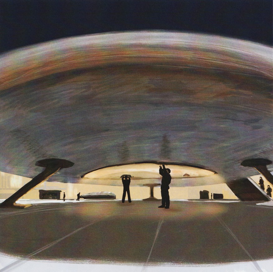 Peinture de "Alien Visitors - Volume I" de Rene Erik Olsen. Comme la plupart des navettes peuvent déployer leur propre train d’atterrissage - si nécessaire - cette illustration montre un train d’atterrissage à trois points. Au centre (zone du moteur), deux techniciens effectuent des opérations de maintenance.