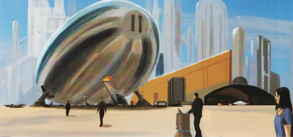 Peinture de "Alien Visitors - Volume I" de Rene Erik Olsen. Un croiseur long de quatre miles s’est posé dans une zone prévue à cet effet au sein d’une grande ville et fait l’objet d’opérations de maintenance.