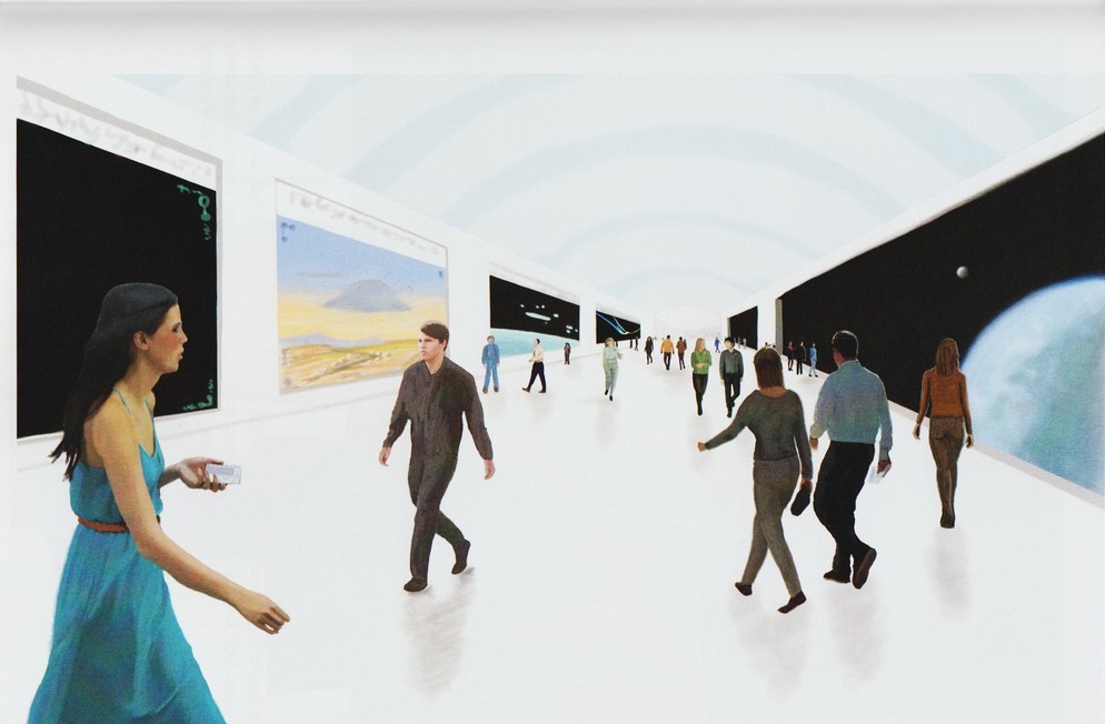 Peinture de "The Alien Visitors - Volume I" de Rene Erik Olsen. Vaste espace de loisirs à l’intérieur du croiseur. À droite se trouvent des baies à sens unique permettant d’observer, depuis l’intérieur du croiseur, un système planétaire proche, et à gauche, de grands écrans montrant des scènes du monde d’origine ou d’autres mondes. Au fond de ce vaste espace se trouve une aire d’atterrissage pour les navettes, visible à travers de grandes parois semblables à du verre.