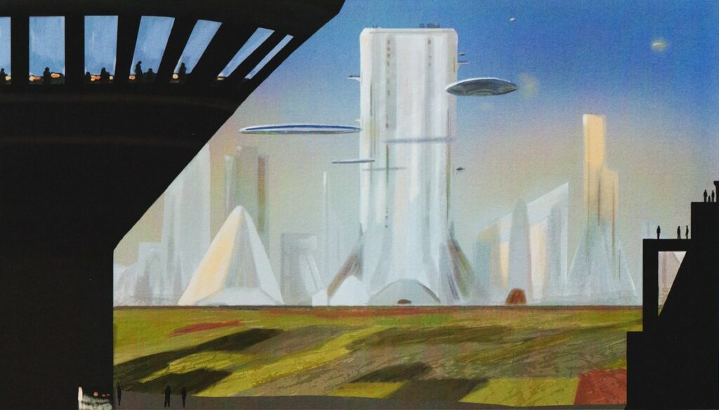 Peinture de "Alien Visitors - Volume I" de Rene Erik Olsen. Deux grands croiseurs reviennent après de longs voyages.