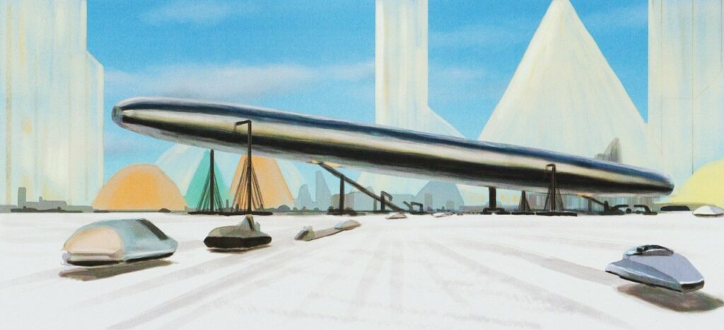 Peinture de "The Alien Visitors - Volume I" de Rene Erik Olsen. Un croiseur posé au sol est sur le point d’être entretenu et les opérations de chargement et de déchargement sont en cours en préparation de son départ. Différents véhicules de maintenance à propulsion magnétique se dirigent vers le croiseur.