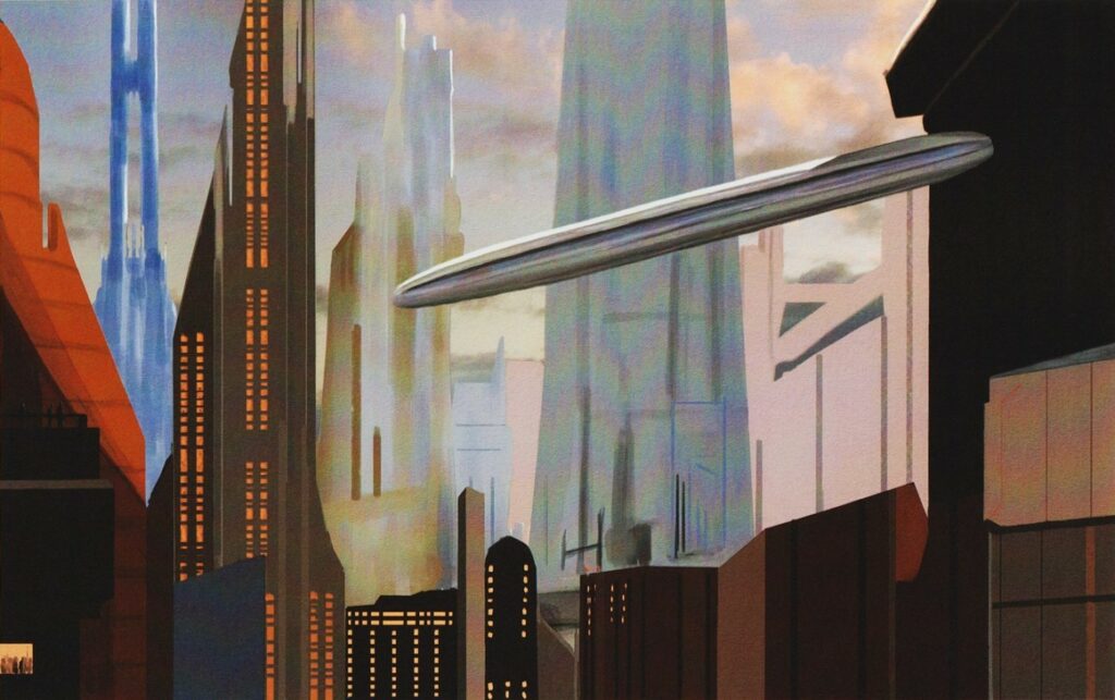Peinture de "The Alien Visitors - Volume I" de Rene Erik Olsen. Un croiseur se dirige vers la zone d’atterrissage qui lui est réservée dans une ville. Un spectacle magnifique à contempler pour les habitants des appartements voisins.