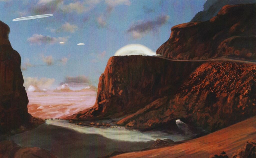 Peinture de "The Alien Visitors - Volume I" de Rene Erik Olsen. Grand dôme et base d’une cité désertique. Un croiseur se trouve très haut au-dessus, et deux navettes sont en phase d’atterrissage.