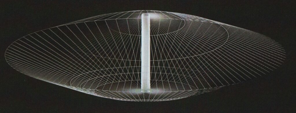 Image de "Alien Visitors - Volume I" de Rene Erik Olsen. Représentation d’un type de vaisseauovale - le pôle magnétique traverse l’appareil.