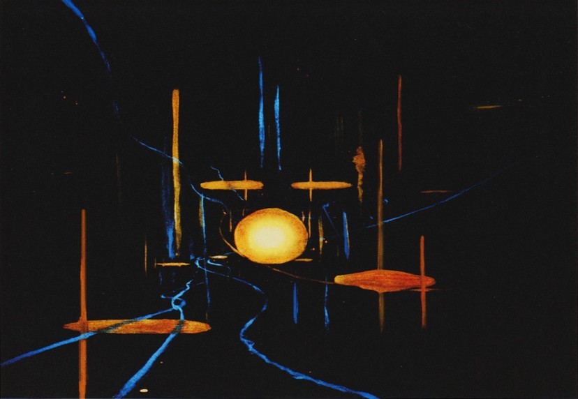 Première peinture représentant des écrans de navigation pendant le « voyage instantané ». Les « traînées » représentent de possibles « sorties », tandis que les « formes » correspondent à d’autres vaisseaux spatiaux. La forme située au centre de chaque image représente l’étoile de destination, dont l’apparence varie d’une image à l’autre au cours du trajet. Cette image représente l’écran de navigation lorsque le vaisseau se trouve très près de l’étoile de destination, celle-ci apparaissant alors sous la forme d’une grande masse orange au centre de l’écran.