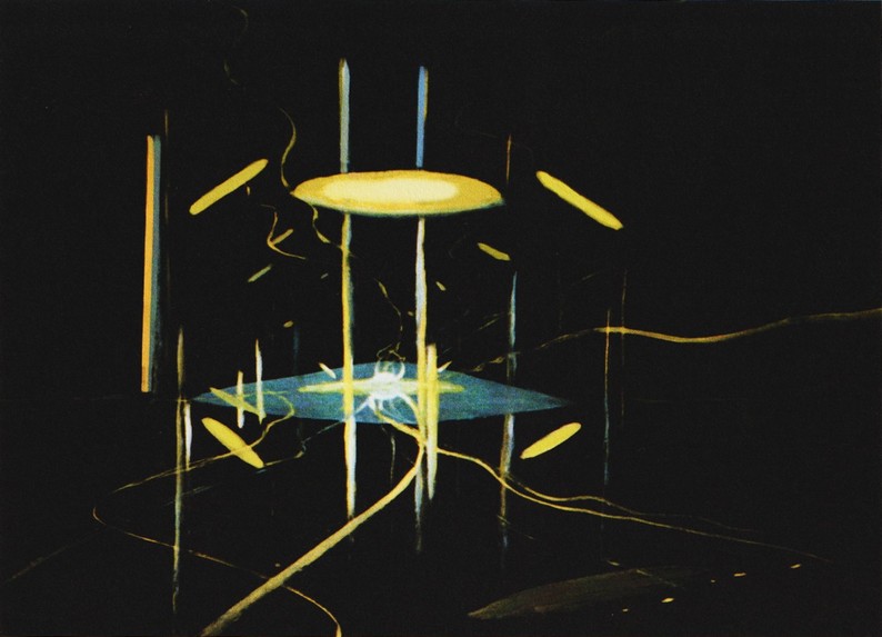 Troisième peintures représentant des écrans de navigation pendant le « voyage instantané ». Les « traînées » représentent de possibles « sorties », tandis que les « formes » correspondent à d’autres vaisseaux spatiaux. La forme située au centre de chaque image représente l’étoile de destination, dont l’apparence varie d’une image à l’autre au cours du trajet.