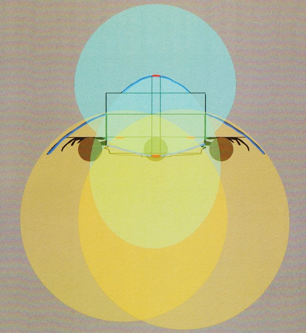Image de "Alien Visitors - Volume I" de Rene Erik Olsen. Configuration des champs gravitationnels d'un vaisseau en forme de cloche à 3 boules sur le dessous - une configuration possible parmi tant d’autres.