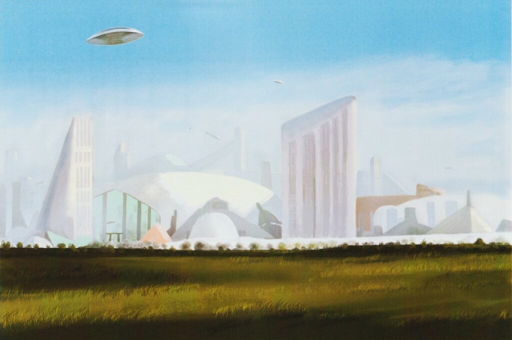Peinture de "The Alien Visitors - Volume I" de Rene Erik Olsen. Plusieurs vaisseaus volant au-dessus d'une ville des visiteurs.