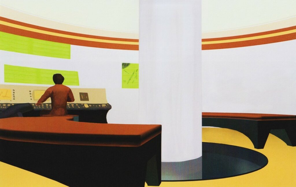 Peinture de "The Alien Visitors - Volume I" de Rene Erik Olsen. Intérieur d’un appareil en forme de cloche. Vue de la disposition des sièges ainsi que de la zone de pilotage et du pôle magnétique traversant la lentille semblable à du verre située au milieu du plancher.