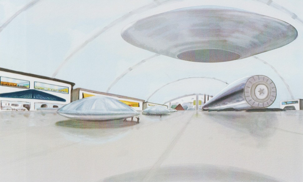 Peinture de "Alien Visitors - Volume I" de Rene Erik Olsen. Vue d’une vaste installation destinée aux essais, à la maintenance et à l’enseignement. Différents appareils sont visibles sur cette illustration - un grand croiseur à droite et, à gauche, différentes navettes. Plus haut, une navette se dirige vers l’extérieur (à l’extrémité de l’installation).