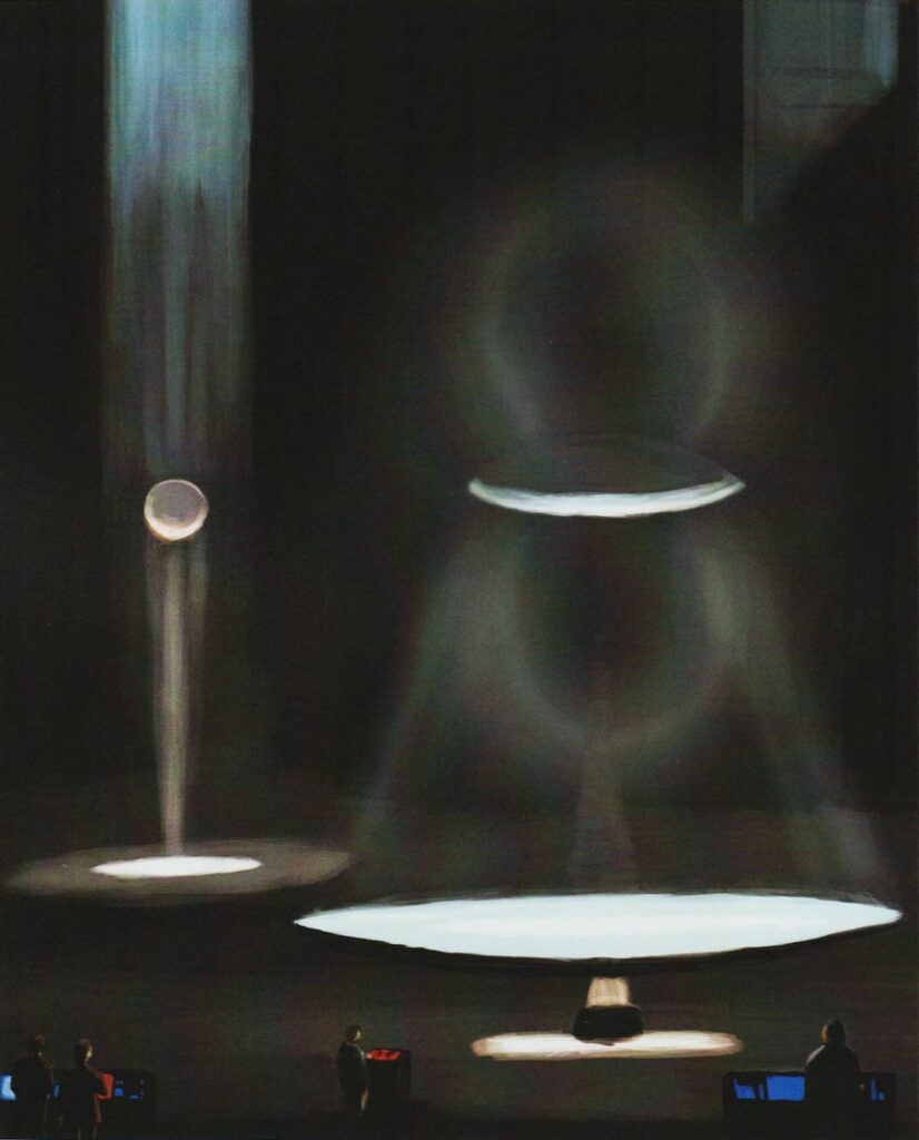 Peinture de "Alien Visitors - Volume I" de Rene Erik Olsen. Des générateurs de bouclier gravitationnel sont testés (dans une installation d’essais) avant d’être installés sur les appareils de série.
