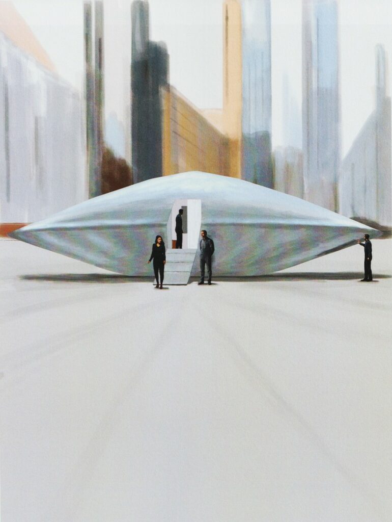 Image de "Alien Visitors - Volume I" réalisée par Rene Erik Olsen. Une navette vient de se poser après un vol d’essai et le pilote quitte l’appareil. Deux techniciens attendent à côté de la navette, tandis qu’un autre technicien, déjà à l’intérieur, inspecte l’appareil. L’alimentation électrique a été complètement coupée par le technicien se trouvant à l’intérieur du véhicule.