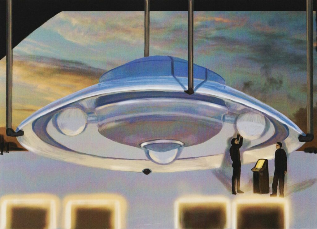 Peinture de "Alien Visitors - Volume I" de Rene Erik Olsen. Voici une navette « en forme de cloche » - elle possède un train d’atterrissage fixe (trois sphères), qui participe également au contrôle de l’appareil. Ce type d’appareil « semble » avoir une forme étrange pour une navette, mais souvenez-vous que les appareils sont construits en fonction du système de propulsion - et non l’inverse. Sur cette illustration, de petites réparations sont effectuées sur les trains d’atterrissage.