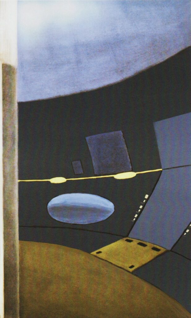 Peinture de "The Alien Visitors - Volume I" de Rene Erik Olsen. Écoutille d’entrée d’un grand vaisseau spatial, vue depuis l'intérieur. La forme ovale située à côté de l’écoutille est un écran de visualisation.
