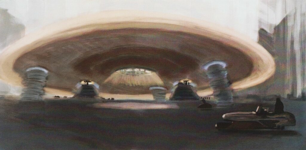 Peinture de "The Alien Visitors - Volume I" de Rene Erik Olsen. Grand vaisseau ovale en maintenance technique.