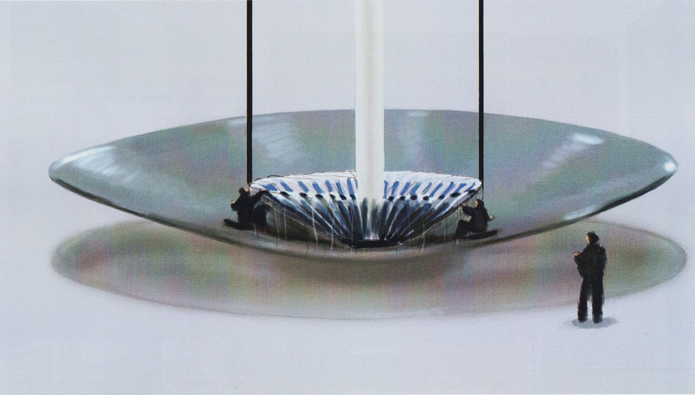 Image de "Alien Visitors - Volume I" de Rene Erik Olsen. Vue d’un moteur à grappes magnétiques en cours d’installation sur la paroi intérieure d’un vaisseau oval.