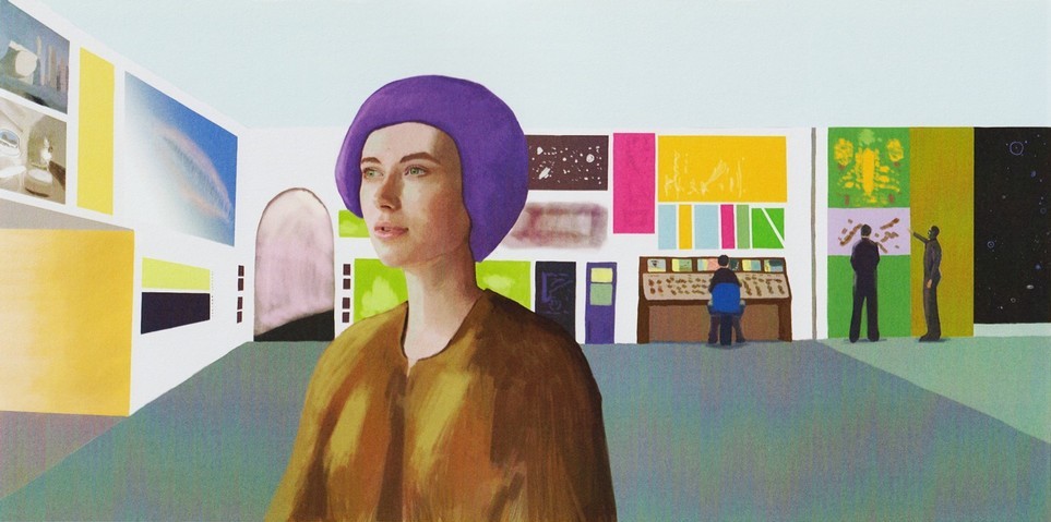 Peinture de "The Alien Visitors - Volume I" réalisée par Rene Erik Olsen. Salle de contrôle à l’intérieur d’un grand croiseur. La femme porte un casque de communication polyvalent.