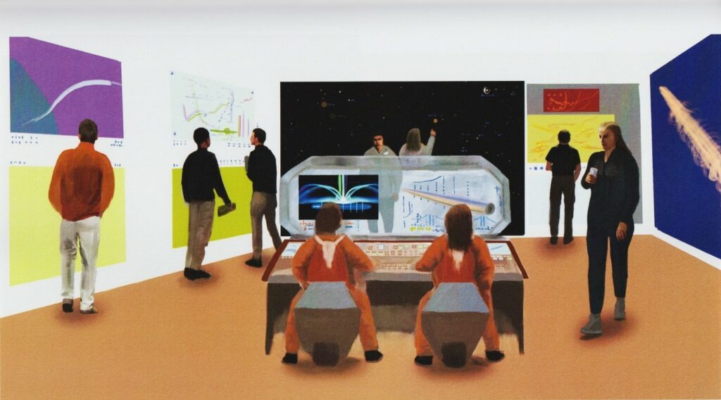 Image de "The Alien Visitors - Volume I" réalisée par Rene Erik Olsen. Salle de pilotage à l’intérieur d’un croiseur. Deux pilotes sont à leurs panneaux de commande, tandis que les autres membres de l’équipage de navigation préparent leur transit dans l’espace. Le panneau de commande est particulièrement intéressant en ce qu’il comporte plusieurs écrans partiellement holographiques, qui facilitent grandement le décollage et l’atterrissage puisque la vue est affichée en trois dimensions. Regardez bien autour de la salle - il y a beaucoup de choses à observer.