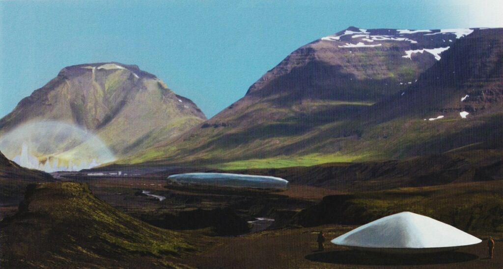Image de "The Alien Visitors - Volume II" de Rene Erik Olsen montrant un grand vaisseau cylindrique des Visiteurs, une ville possédant une champ de force protecteur au fond et une navette-soucoupe en premier plan, sur une planète inhabitée nouvellement découverte.