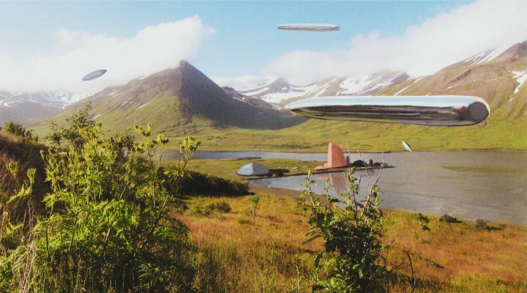 Image de "Alien Visitors - Volume II" de Rene Erik Olsen montrant un grand vaisseau cylindrique des Visiteurs, au-dessus de zones d'approches d'atterrissage.
