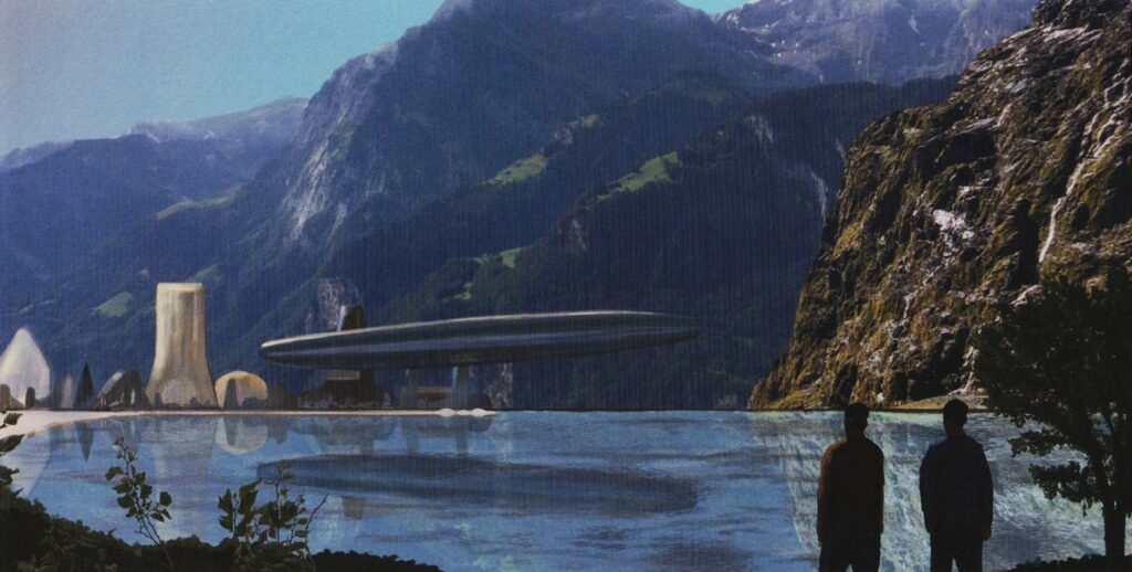Image de "The Alien Visitors - Volume II" de Rene Erik Olsen montrant un majestueux croiseur cylindrique des Visiteurs qui s'élève pour partir en voyage lointain.