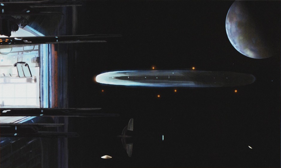 Image de "The Alien Visitors - Volume II" de Rene Erik Olsen montrant un grand vaisseau croiseur cylindrique des Visiteurs arrivant dans une station spatiale pour maintenance.