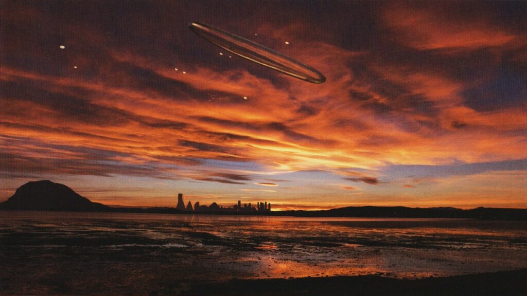 Image de "Alien Visitors - Volume II" réalisée par Rene Erik Olsen montrant un croiseur cylindrique des Visiteurs de nuit au-dessus d'une ville de leur monde, conforme aux photos qui lui furent montrées.