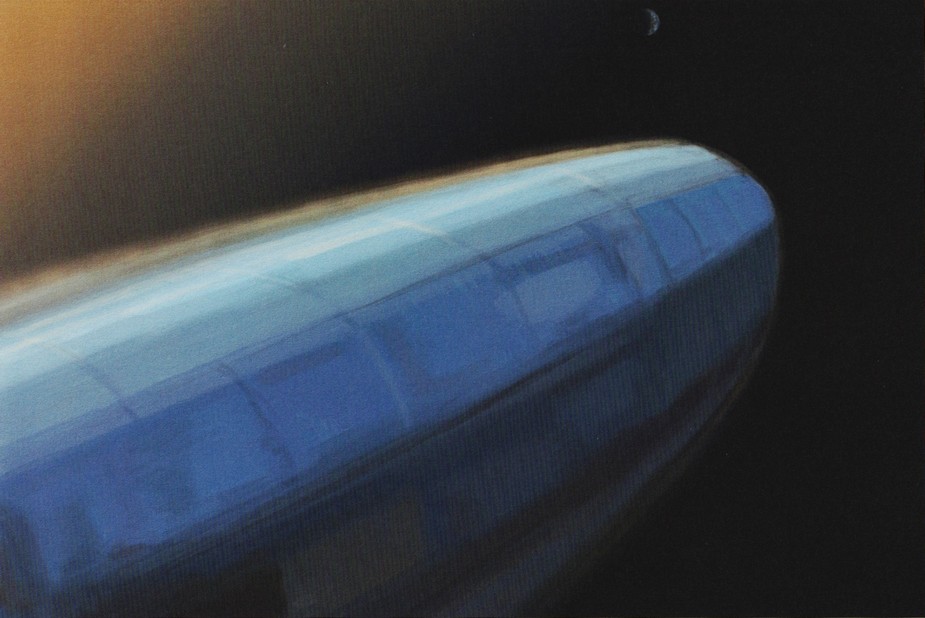 Peinture de "Alien Visitors - Volume II" réalisée par Rene Erik Olsen. Vaisseau croiseur cylindrique approchant une planète pou exploration.