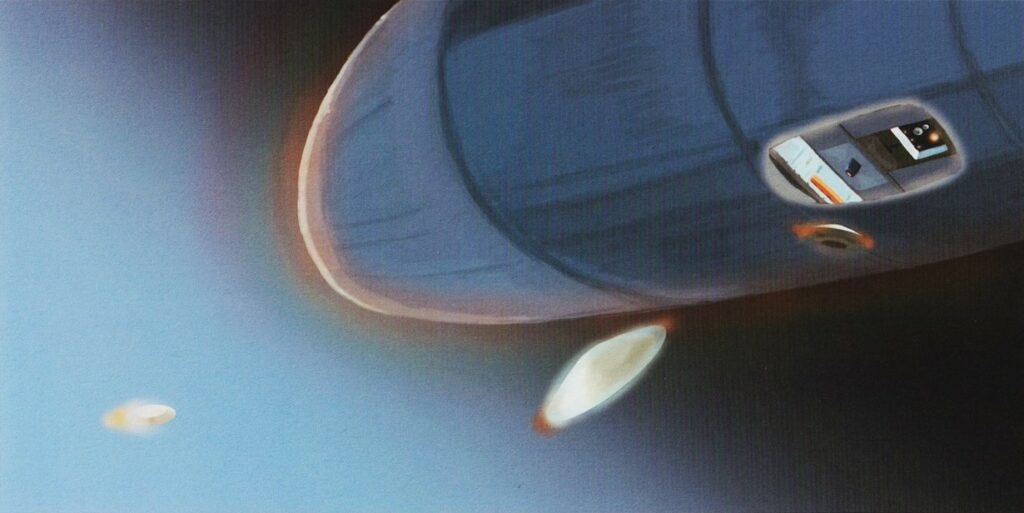 Peinture de "The Alien Visitors - Volume II" de Rene Erik Olsen. Écoutille d’entrée d’un grand vaisseau spatial, vue depuis l'extérieur et des plus petits vaisseaux qui en sortent.