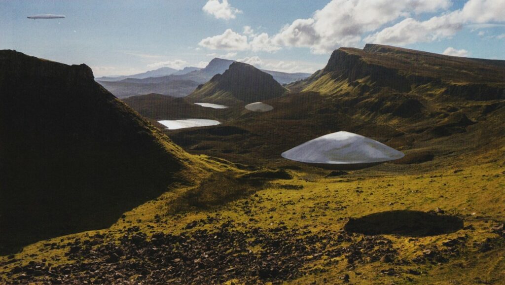 Image de "Alien Visitors - Volume II" de Rene Erik Olsen montrant un grand vaisseau cylindrique des Visiteurs, et deux navettes, au-dessus des paysages d'une planète inhabitée.