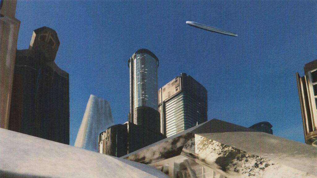 Image de "Alien Visitors - Volume II" de Rene Erik Olsen montrant un grand vaisseau croiseur cylindrique des Visiteurs survolant une zone de ville très peuplée.