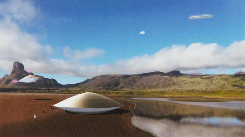 Image de "Alien Visitors - Volume II" de Rene Erik Olsen montrant l'exploration initiale d'une planète inhabitée par des navettes qui se posent, le grand croiseur cylindrique est dans le ciel.