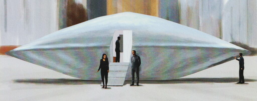 Peinture de 1ère de couverture du livre "Alien Visitors - Volume I" de Rene Erik Olsen avec la soucoupe montrée par les visiteurs dans le 1er film.