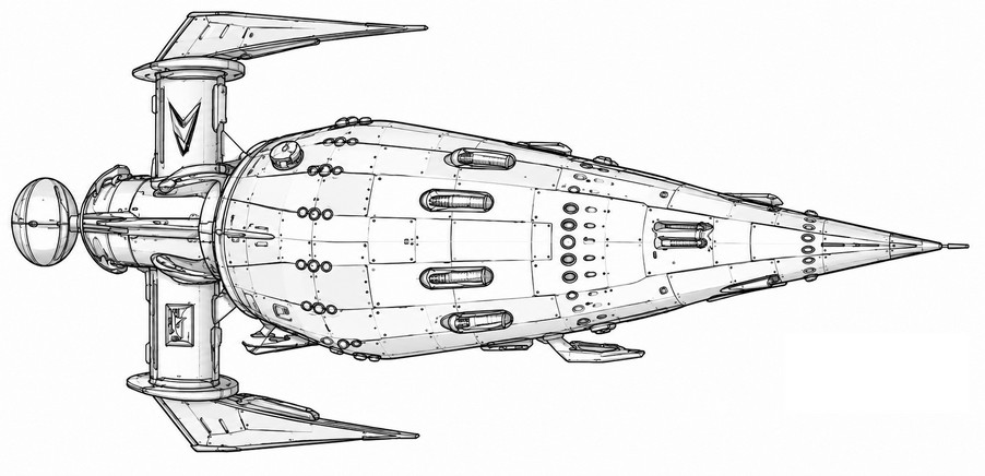 Schéma d'un vaisseau Aldebaran de la Vrill Society de Maria Orsic, dessin refait inspiré par le livre de Maximilian Lafayete. Une similarité générale semble apparaître avec les dessins de vaisseau faits par Andreas.