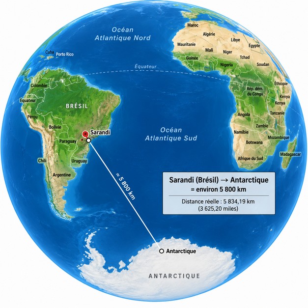 Le voyage depuis l’antarctique jusqu’à Sarandi, lors du retour, illustration par IA.