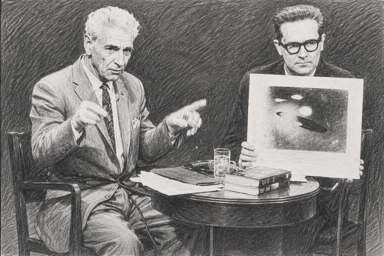 Dessin réalisé inspiré d'une photo d'Adamski à un interview, avec une photo prise par lui de vaisseau-mère en forme de cigare.
